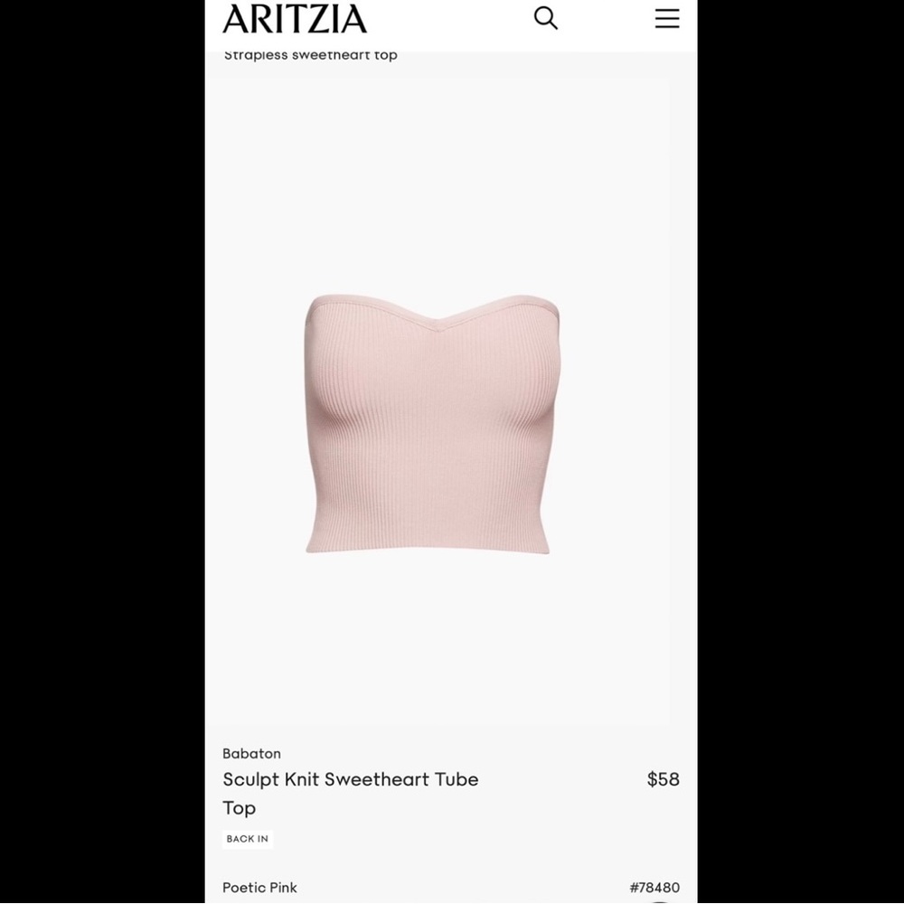 ❤️ARITZIA Poetic Pink / Blush —S— Sculpt Knit Sweetheart Tube Top — Babaton78480